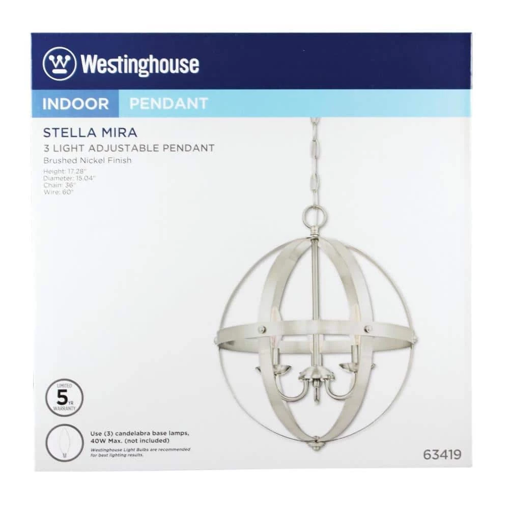 Stella Mira 3-Light Brushed Nickel Pendant by Westinghouse 7 Stella Mira 3-Light Brushed Nickel Pendant by Westinghouse - Image 7