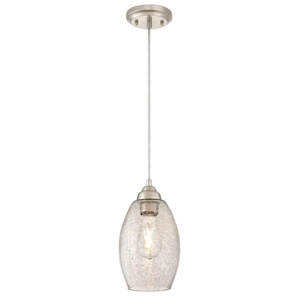 1-Light Brushed Nickel Mini Pendant with Clear Crackle Glass Shade by Westinghouse 1 1-Light Brushed Nickel Mini Pendant with Clear Crackle Glass Shade by Westinghouse