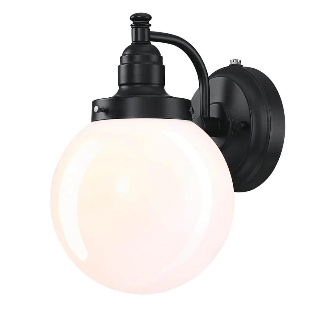 Eddystone 1-Light Matte Black Outdoor Wall Mount Sconce with White Opal Glass, Dusk to Dawn Sensor by Westinghouse 1 Eddystone 1-Light Matte Black Outdoor Wall Mount Sconce with White Opal Glass, Dusk to Dawn Sensor by Westinghouse