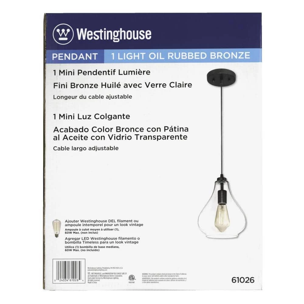 1-Light Oil Rubbed Bronze Adjustable Mini Pendant with Hand-Blown Clear Glass by Westinghouse 11 1-Light Oil Rubbed Bronze Adjustable Mini Pendant with Hand-Blown Clear Glass by Westinghouse - Image 11