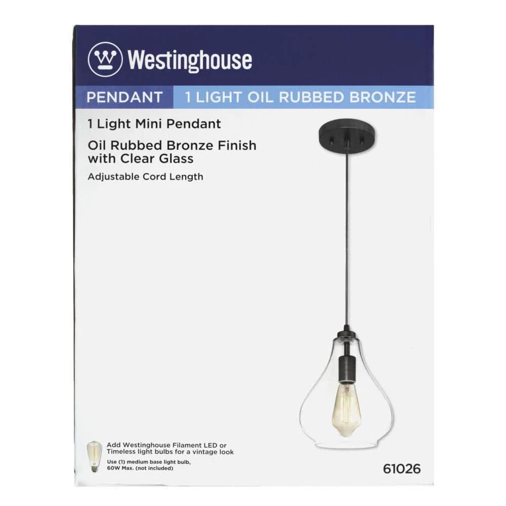 1-Light Oil Rubbed Bronze Adjustable Mini Pendant with Hand-Blown Clear Glass by Westinghouse 8 1-Light Oil Rubbed Bronze Adjustable Mini Pendant with Hand-Blown Clear Glass by Westinghouse - Image 8