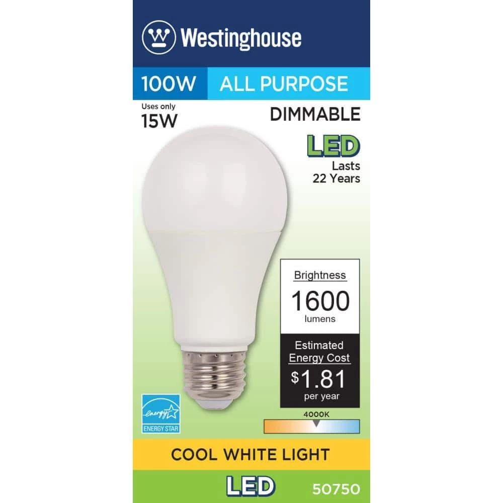 100W Equivalent Cool White Omni A19 Dimmable LED Light Bulb by Westinghouse 2 100W Equivalent Cool White Omni A19 Dimmable LED Light Bulb by Westinghouse - Image 2