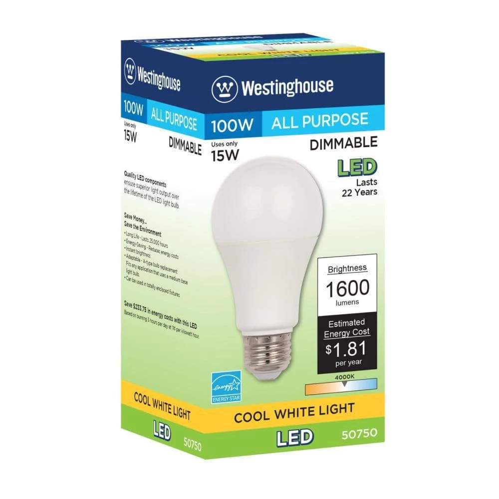 100W Equivalent Cool White Omni A19 Dimmable LED Light Bulb (6 pack) by Westinghouse 3 100W Equivalent Cool White Omni A19 Dimmable LED Light Bulb (6 pack) by Westinghouse - Image 3