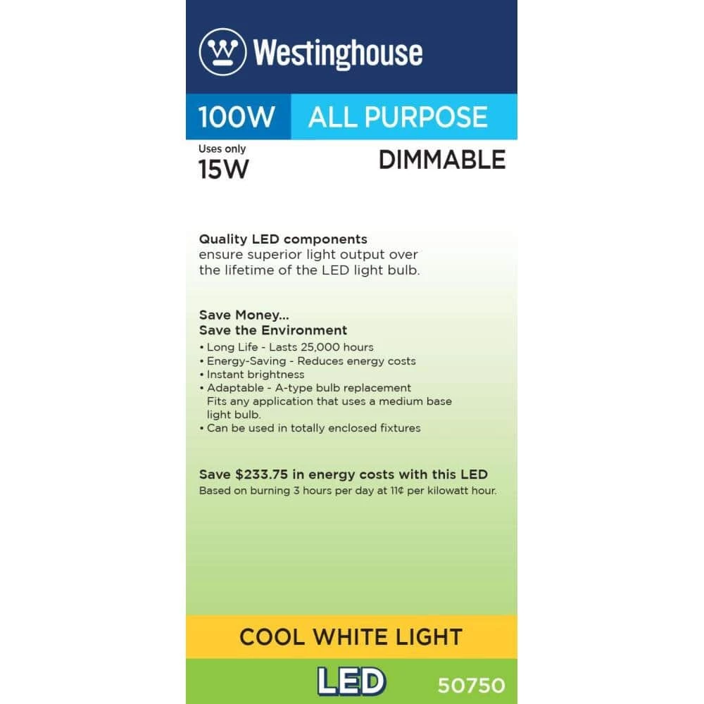 100W Equivalent Cool White Omni A19 Dimmable LED Light Bulb (6 pack) by Westinghouse 6 100W Equivalent Cool White Omni A19 Dimmable LED Light Bulb (6 pack) by Westinghouse - Image 6